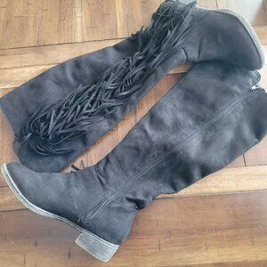 JustFab Fenny Wide Black Fringe Knee-High Boots US 6.5W/UK 4.5W/EU 37W